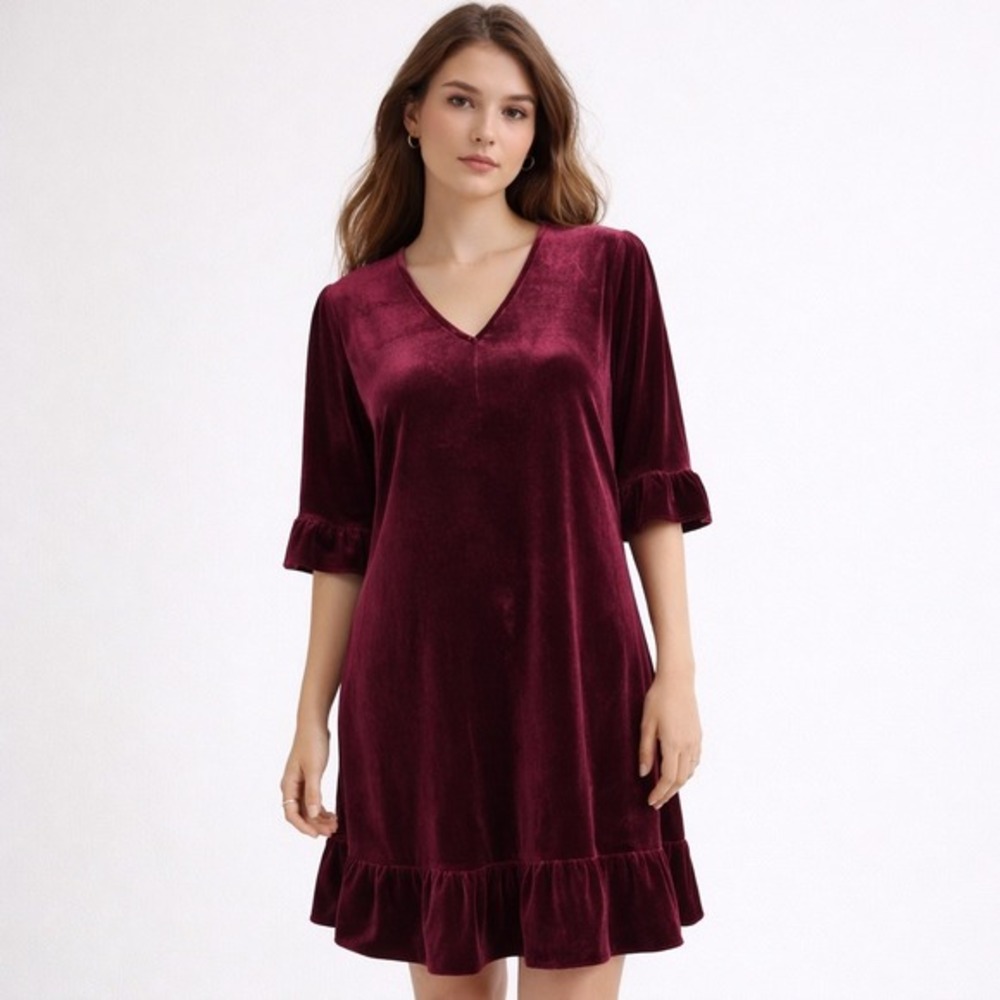 CeCe NEW Sparkle and Shine Velvet Ruffle Mini Shift Dress Wine Red Medium VNeck‎